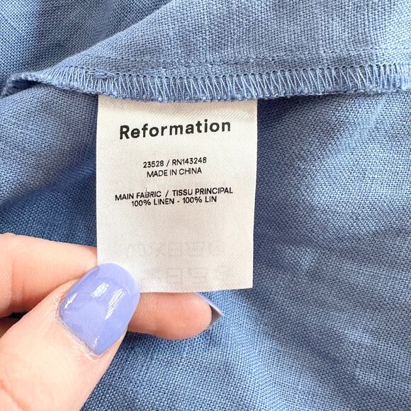 REFORMATION Desiree Linen Mini Dress Ruffle Sweetheart Bustier Tie Strap Blue - Picture 12 of 15